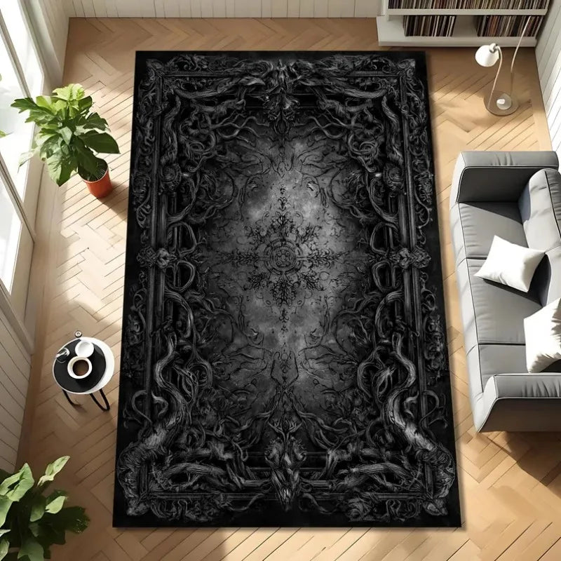tapis noir végétal toile d'araignée mandala antidérapant chambre salon dark academia gothique moderne
