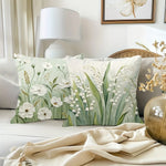 taies d'oreiller fleur motif floral printemps couleur vert blanc rustique naturel décoration intérieure coussins