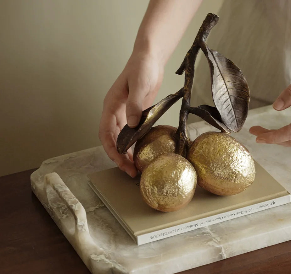 sculpture fruit lychee citronnier ornement décoration intérieure moderne citron bronze feuilles rouge blanc