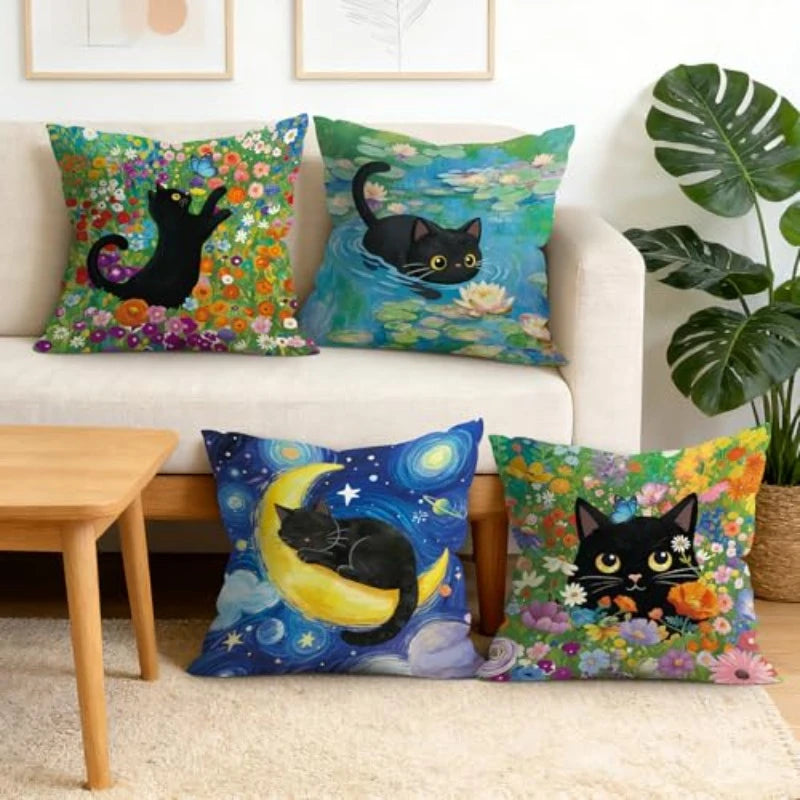 coussins décoratifs chats noirs jardin lune modernes polyester peachskin 45x45cm deux motifs différents