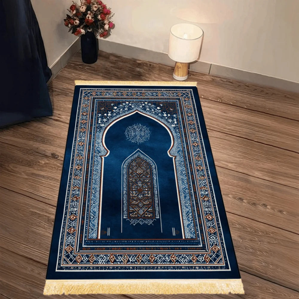 tapis géométrique bleu or artisanal polyester antidérapant imperméable résistant décoration maison İslam prière voyage
