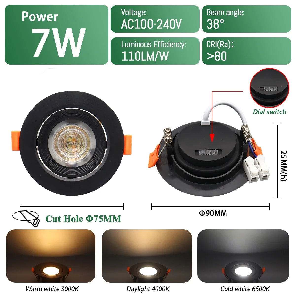 spot led blanc moderne 3000k 4000k 6500k interrupteur cct 75mm 90mm