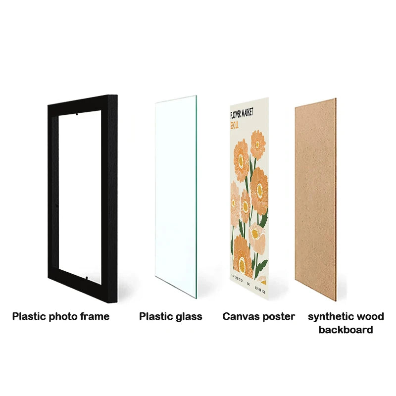 cadres photo modernes fleurs roses textes minimalistes noir blanc beige verre transparent trois pièces