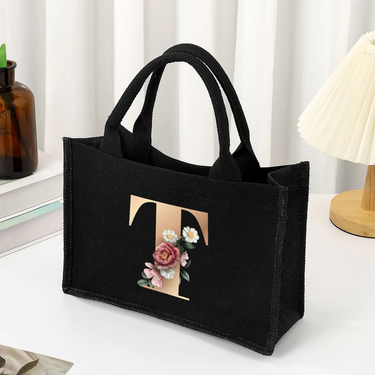 sac main femme noir toile lettres dorées fleurs poignées détachables grand moderne