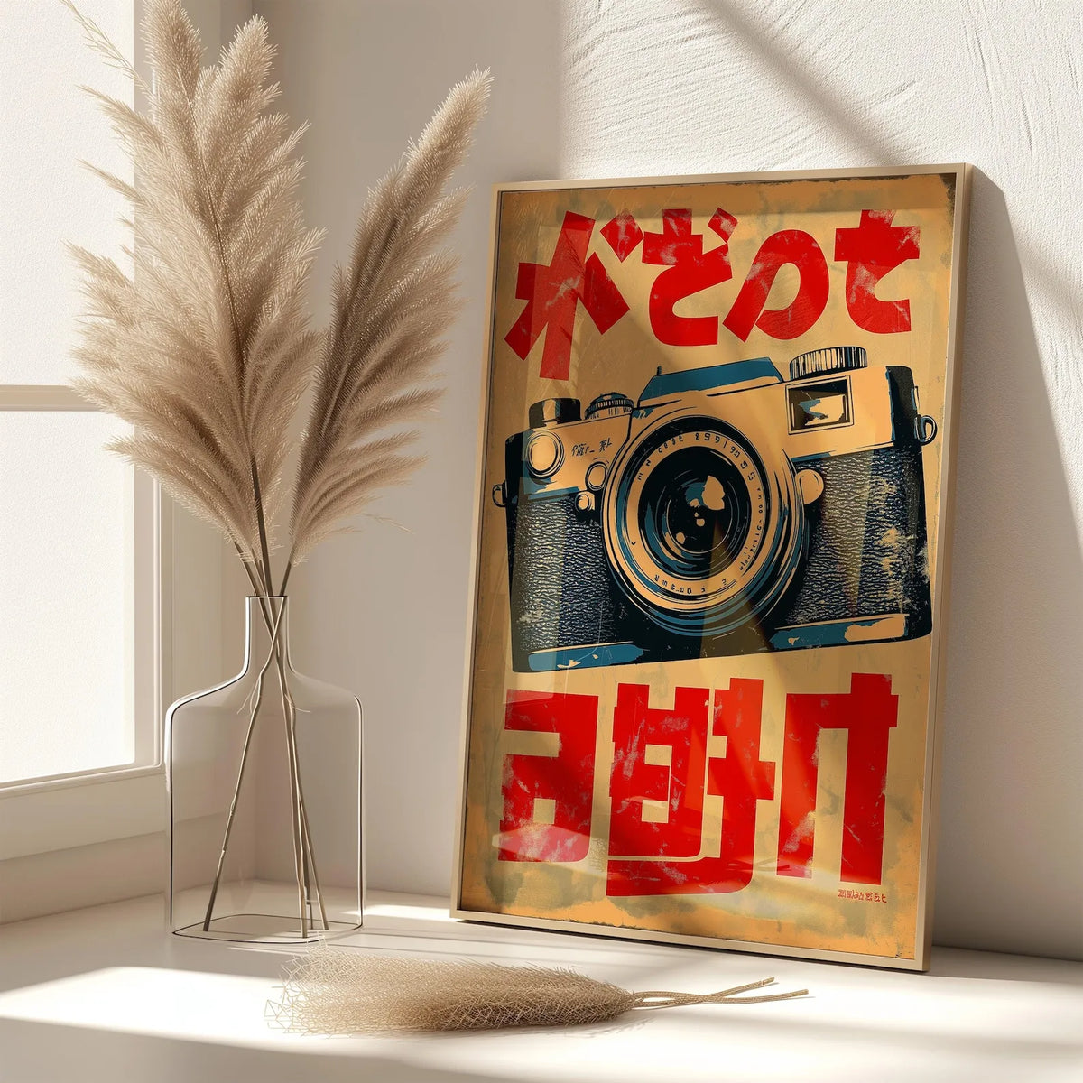 affiche rétro vintage illustration caméra ancienne caractères japonais beige bleu rouge noir opaquement