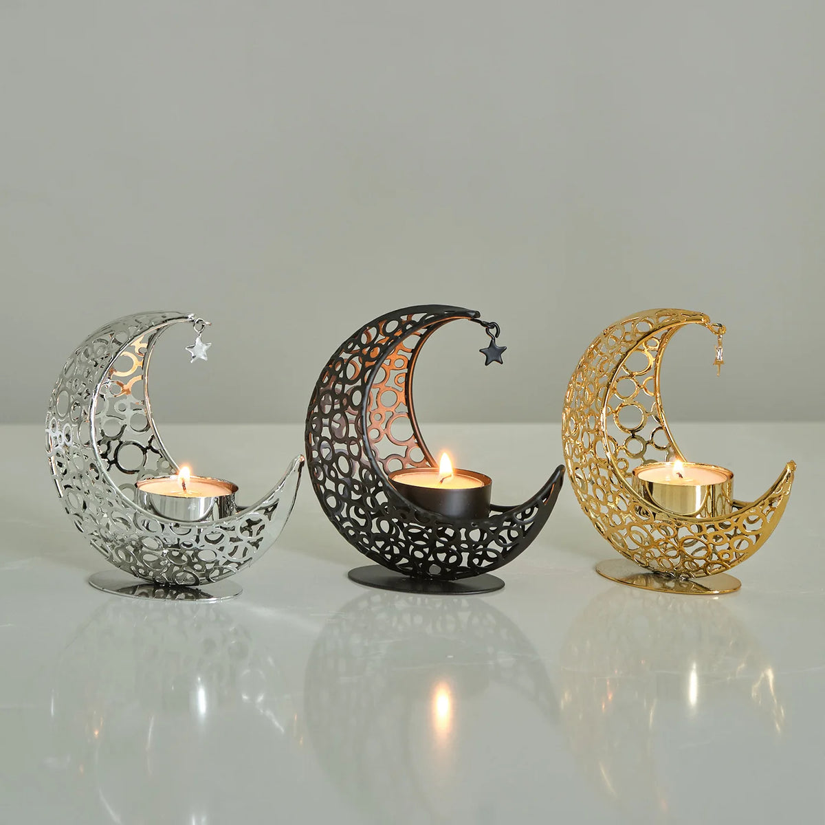 support bougie forme croissant lune argent doré noir ornements ajourés motifs géométriques artisanal décoration
