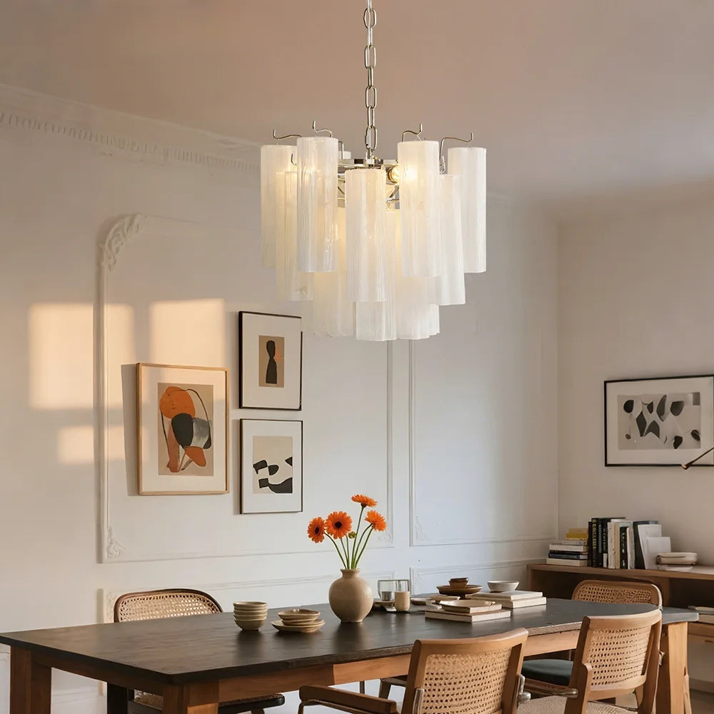 Suspension lumineuse moderne verre strié blanc rose vert neutre lumière chambre salon