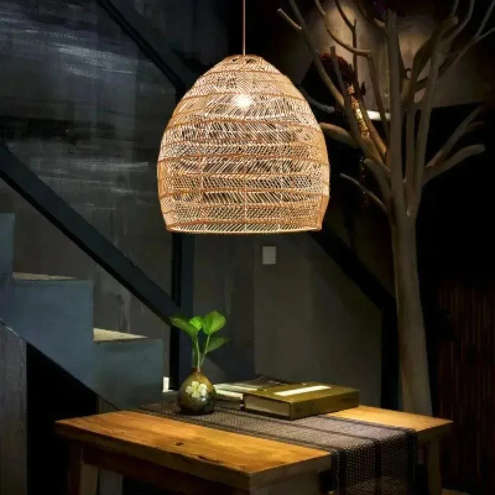 suspension moderne rotin naturel tissage géométrique chaîne métallique salon chambre restaurant