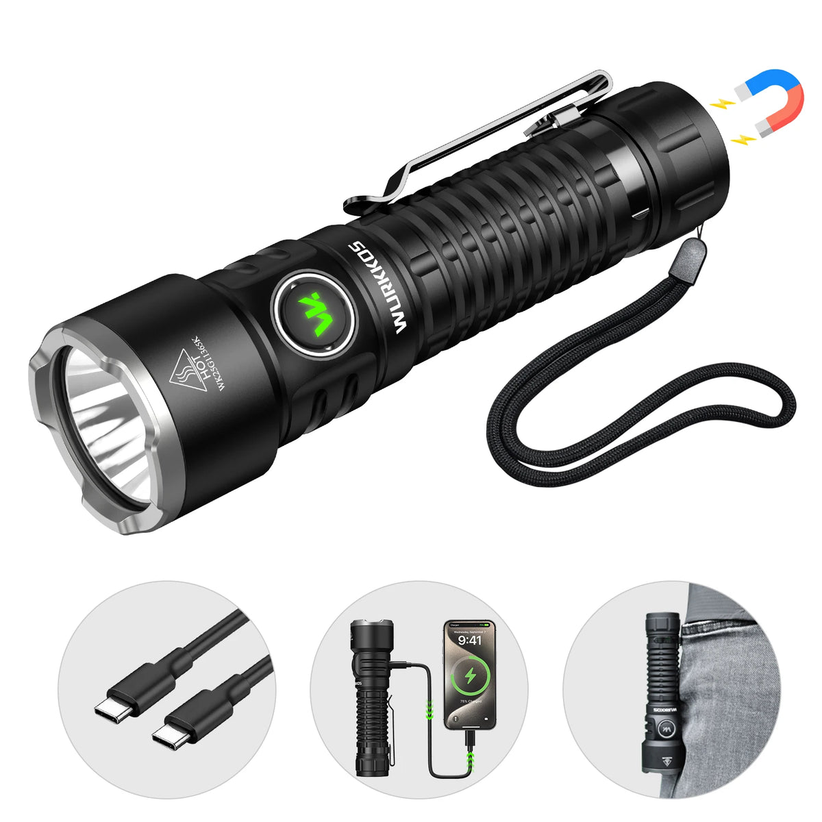 lampe torche rechargeable noire anti dérapante ipx8 étanche 5000mah autonomie 330h lumière intense robuste