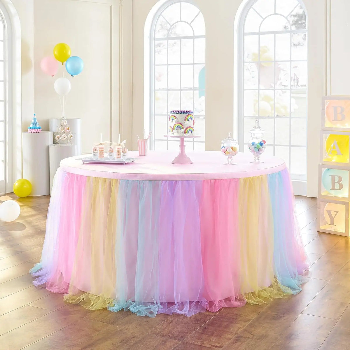 jupe table rose vert pastel bleu pastel rayures horizontales velcro festive