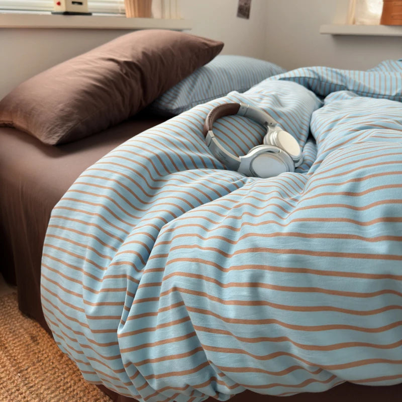 ensemble literie moderne rayures bleu marron housse couette taies oreiller adultes chambre