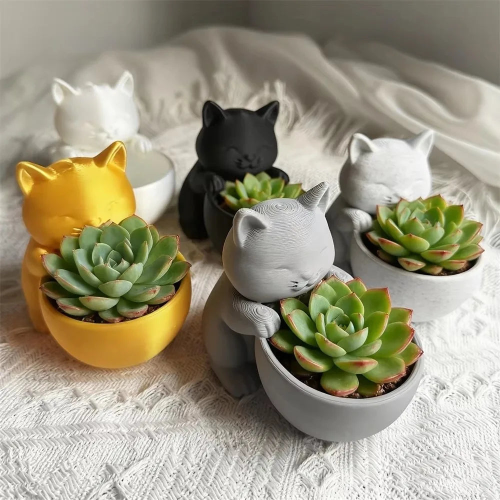 pots plantes succulentes forme chat noir blanc gris moderne mignon décoration fleur verte drainage