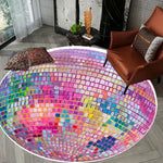 tapis rond moderne mosaïque carrés brillants rose bleu violet noir salon chambreextérieur