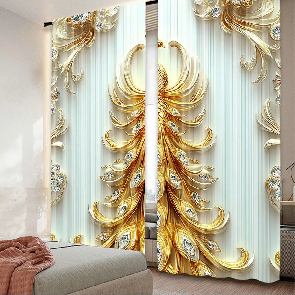 rideaux blanc doré plumes paon strass élégants chambre salon 100 polyester classique