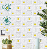 panneau décoratif mural adhésif blanc motif géométrique carrés dorés moderne élégant salon chambre