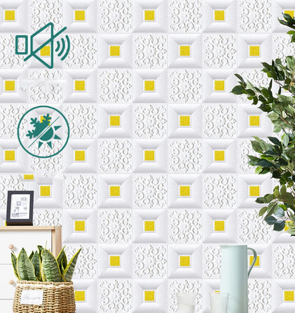 panneau décoratif mural adhésif blanc motif géométrique carrés dorés moderne élégant salon chambre