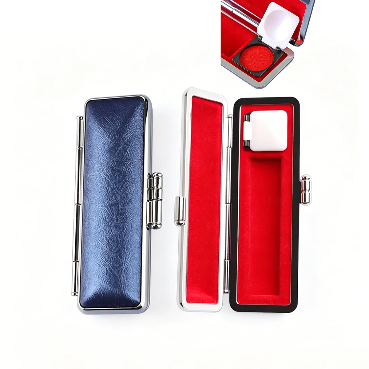 boîte rangement stylos simili cuir clics métalliques classique couleur bleue rouge marron