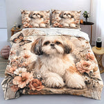 ensemble literie floral chien shih tzu papillons taies oreiller housse couette beige blanc moderne