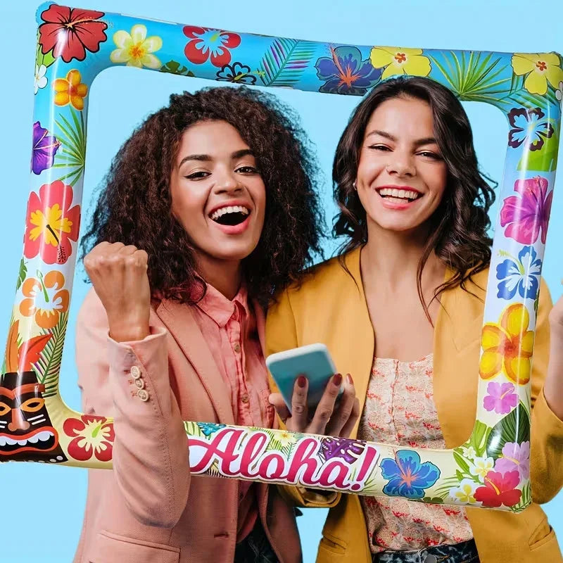 cadre photo gonflable motifs floraux hawaiiens decor tropical plage anniversaire celebration été sable mer