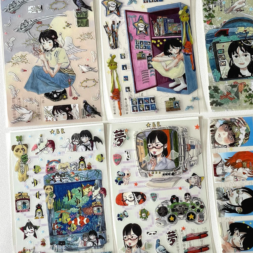 sticker multicolore personnages animaux motifs floraux art japonais diy scrapbooking illustrations fantaisistes