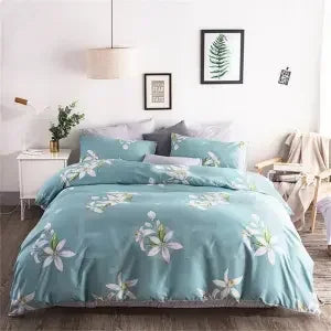 housse couette coton polyester bleu blanc gris motif floral moderne oreillers lit king size