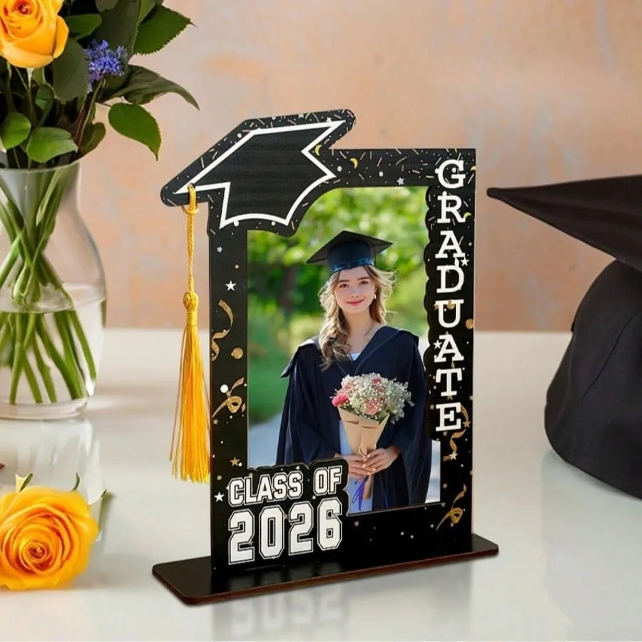 cadres photo graduation class 2026 bleu noir blanc confettis graduate hat festive