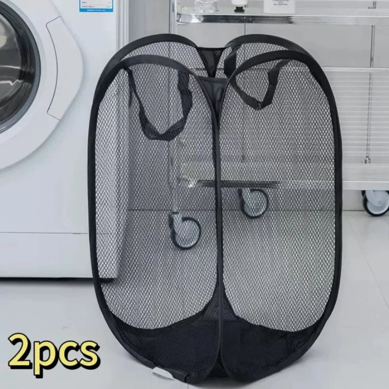 panier linge pliable polyester maille noir moderne poignées renforcées poches
