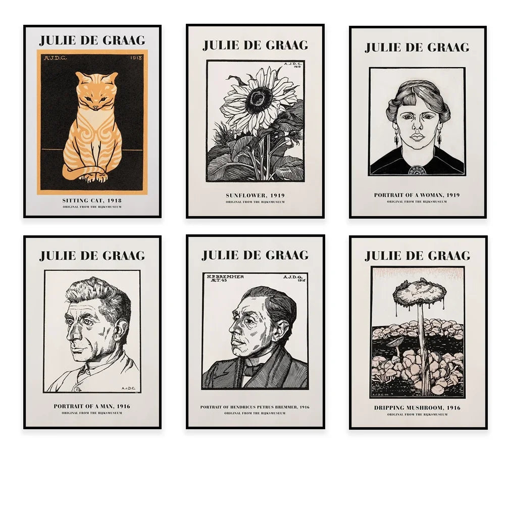 Une collection d'affiches noires et blanches représentant différentes œuvres de l'artiste Julie de Graag, notamment des portraits, des illustrations de fleurs et de champignons.