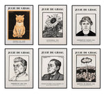 Une collection d'affiches noires et blanches représentant différentes œuvres de l'artiste Julie de Graag, notamment des portraits, des illustrations de fleurs et de champignons.