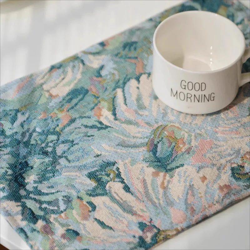 serviette table vintage fleurie polyestercoton couleurs vrb blanc tasse good morning