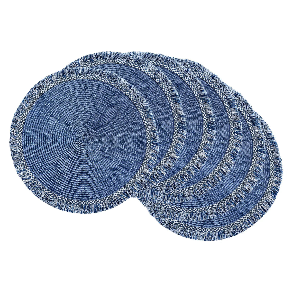 placemats tissés franges bleu marine rustique moderne table decoration assiettes fourchettes tasses vases fleurs