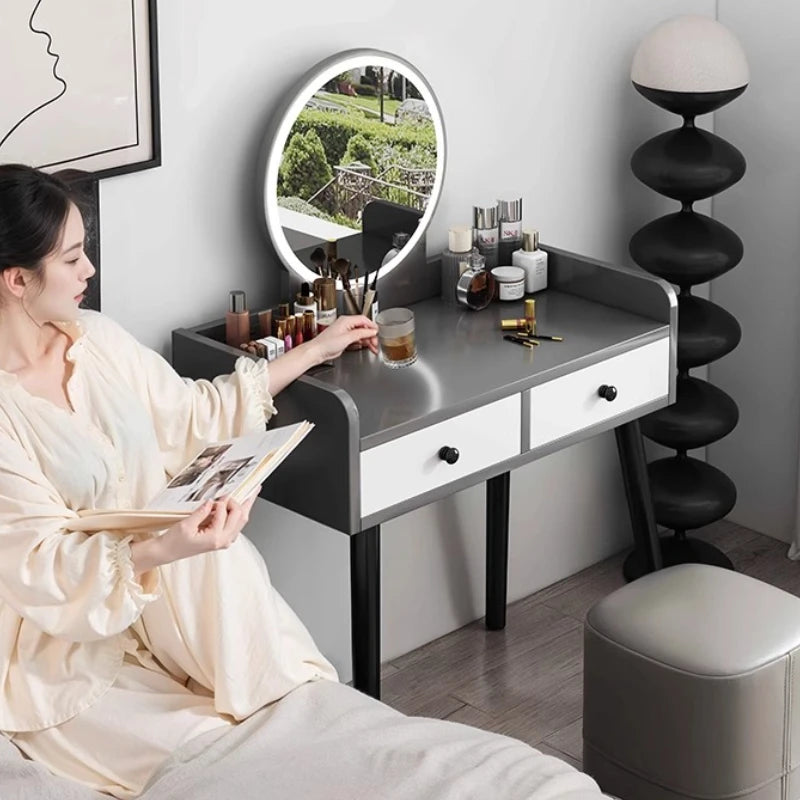 maquillage blanc moderne tabouret miroir tiroirs bois minimaliste