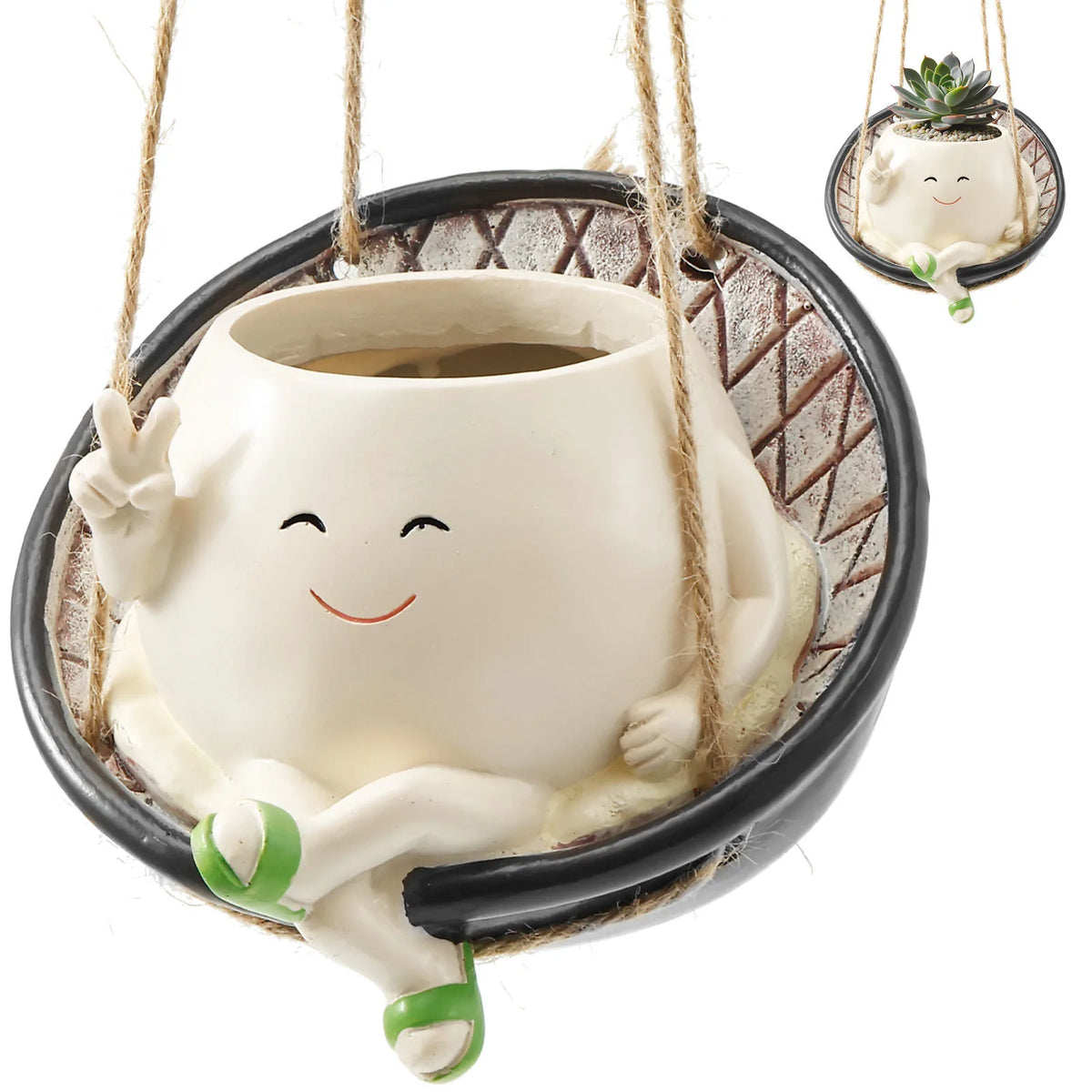 pot fleurs suspendu resine forme personnage souriant hamac blanc crème vert