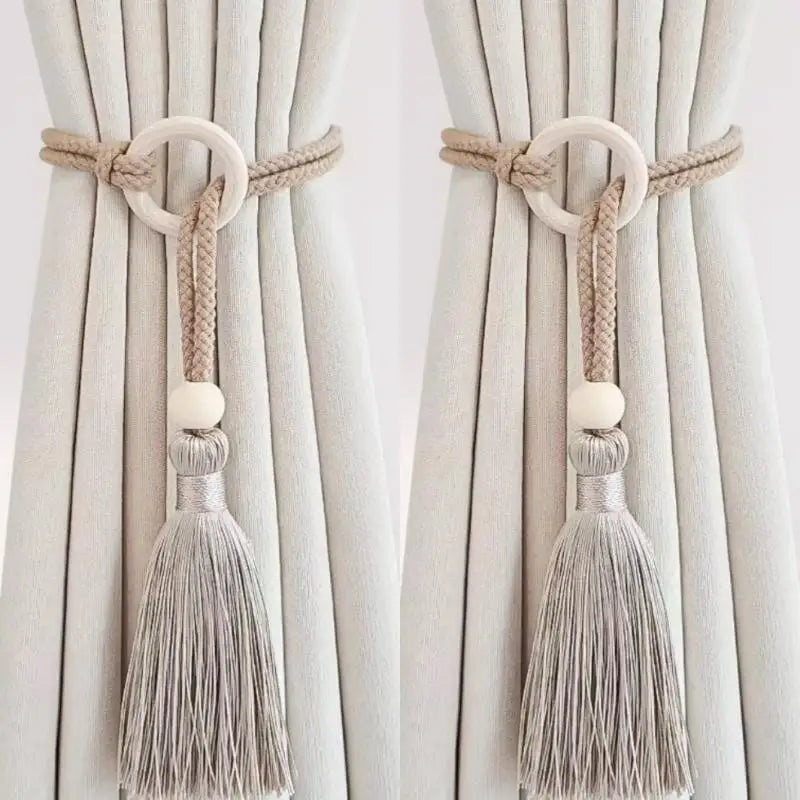 anneau bois cordelette pompon franges deco moderne rustique tissu coton beige clair