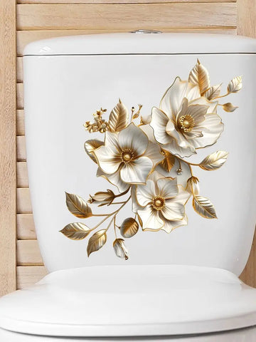 sticker mural autoadhésif plante fleurs stylisées élégant deco salle bains blanc doré PVC détachable