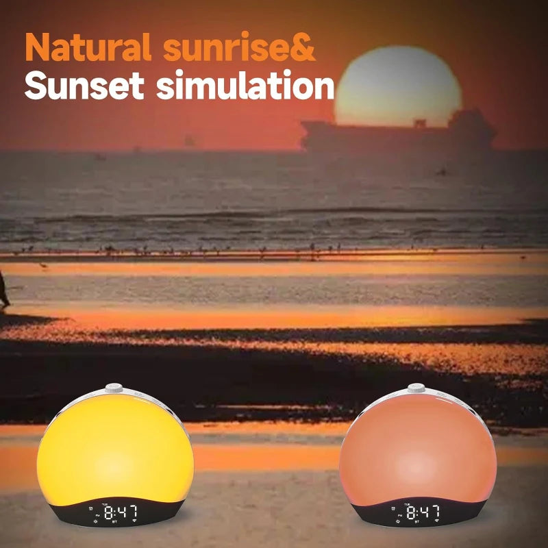 Réveil simulateur d'aube diffusant une lumière de lever de soleil progressive
