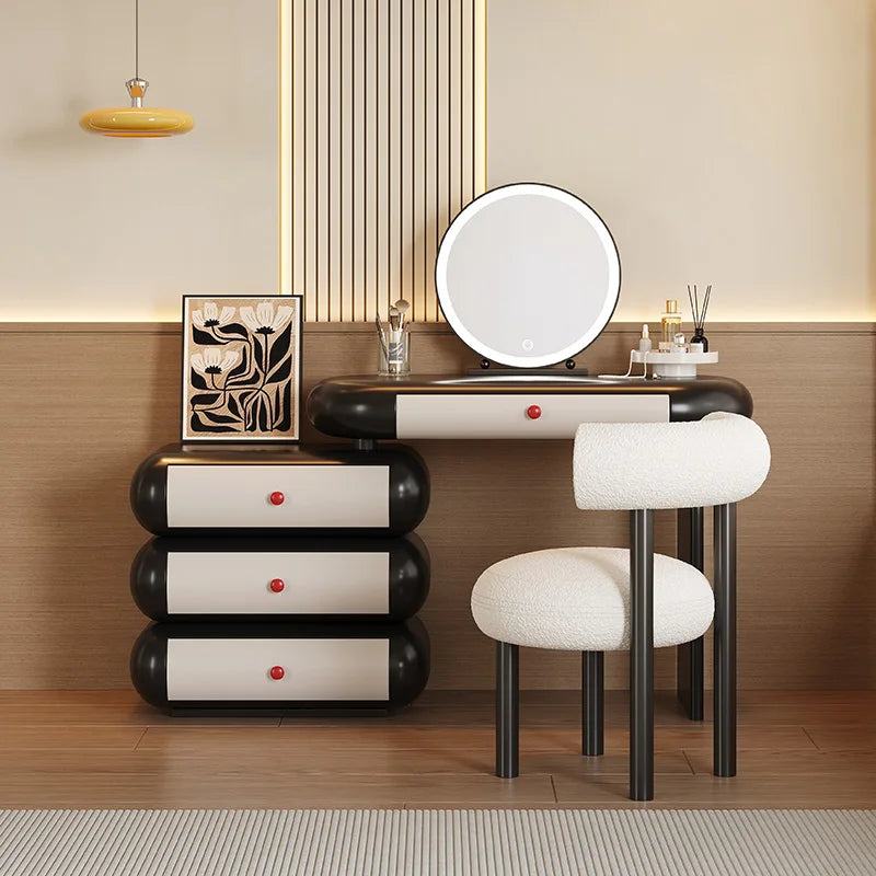 coiffeuse vintage maquillage noir blanc tiroirs miroir tabouret moderne minimaliste