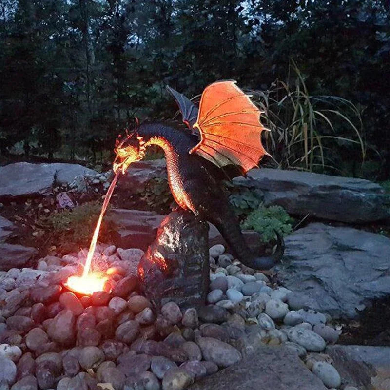 statue dragon fontaine bronze éclair orangé vert émaillage fantastique maison jardinextérieur