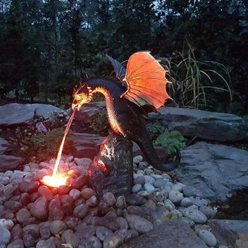 statue dragon fontaine bronze éclair orangé vert émaillage fantastique maison jardinextérieur