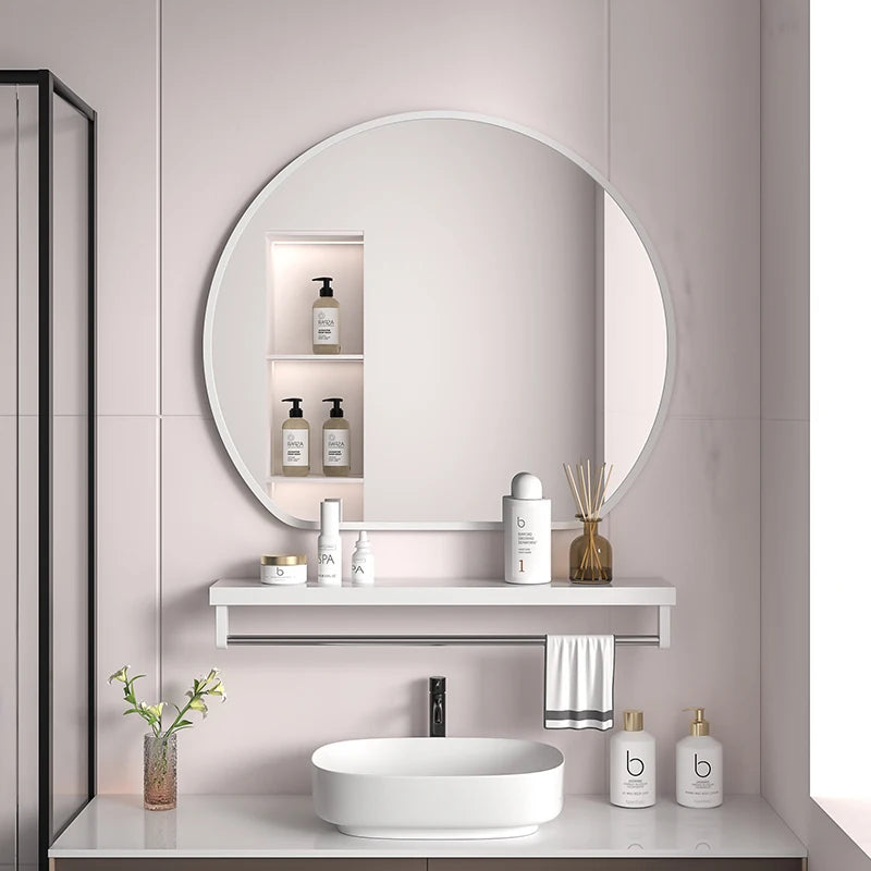 miroir rond moderne noir blanc doré étagère cosmétiques vasque ovale salle bain