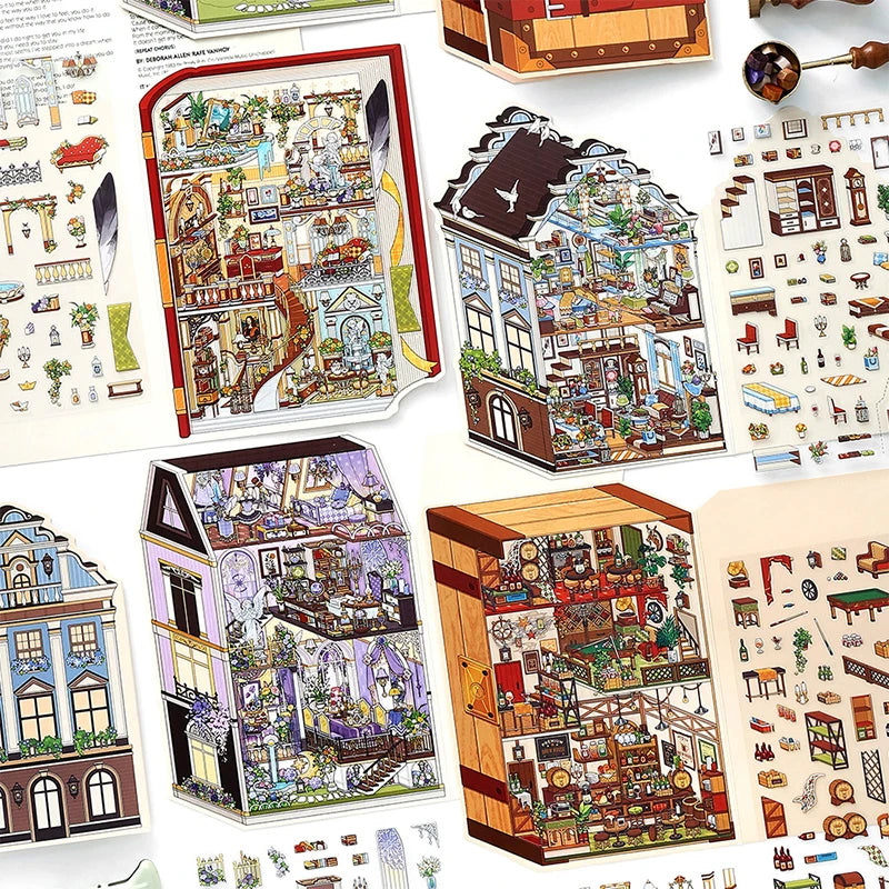 puzzle 3d intérieurs extérieurs bâtiments bleu marron beige violet illustration détaillée artiste