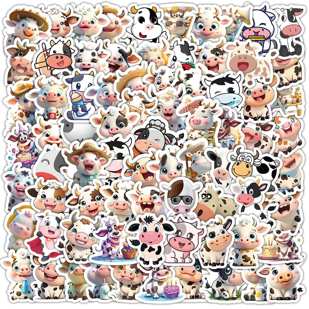 stickers vache cartoon kawaii random couleur pack 100 pieces stickers animaux imperméables téléphone ordinateur