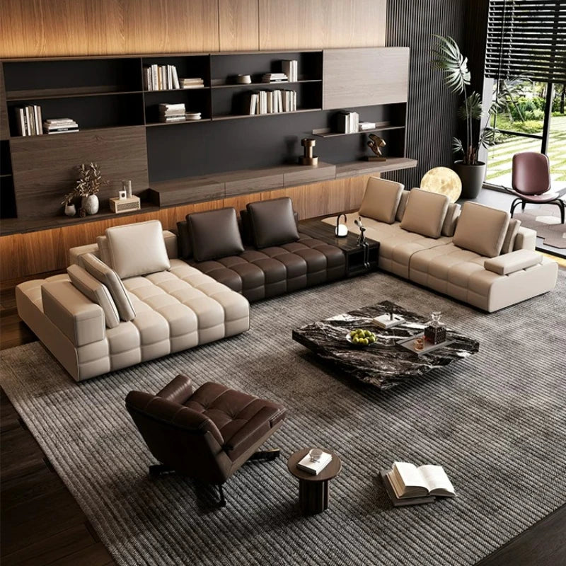 canapé d'angle deux places cuir moderne beige clair coussins repos pieds salon minimaliste