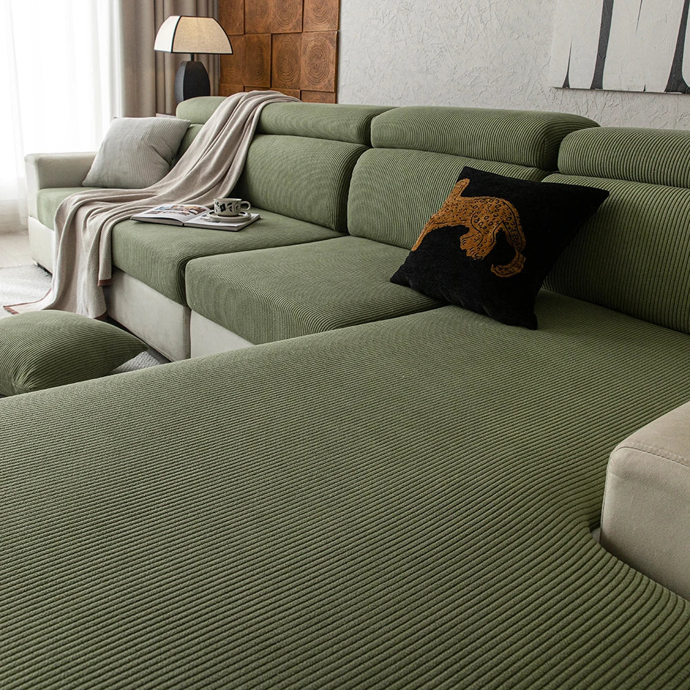 housse canapé moderne rayées vert olive gris beige clair anti poussière lavable adaptable