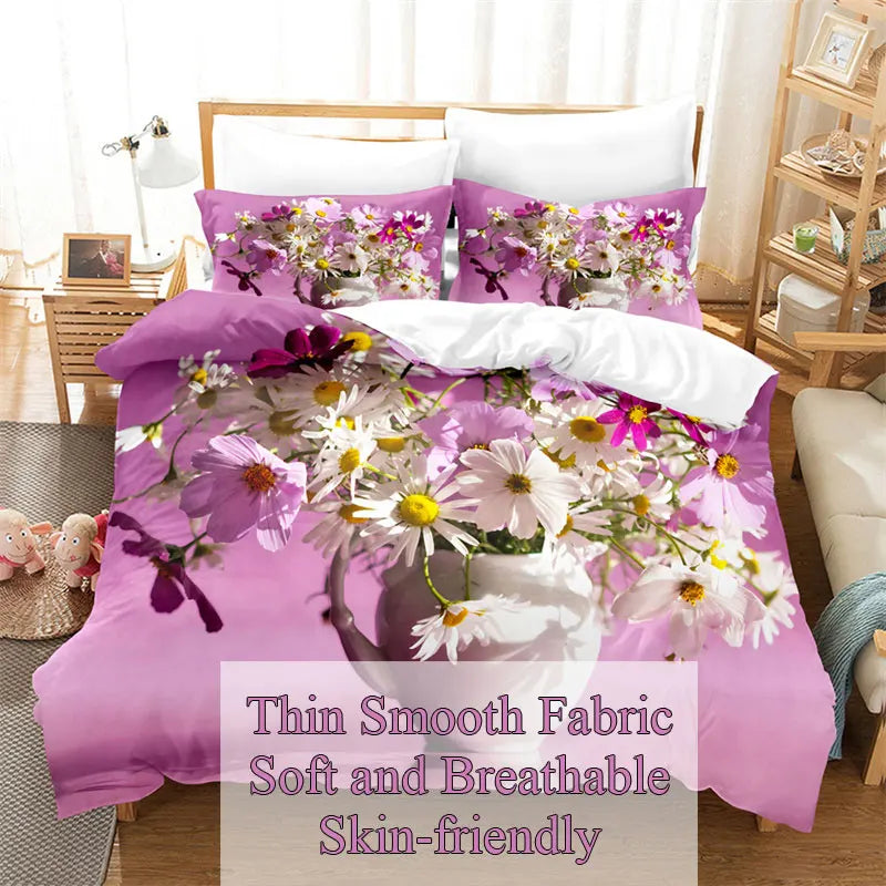 Détail du tissu floral violet de la housse de couette