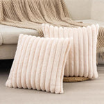 housse coussin carrée fausse fourrure polyester coton rayures horizontales teint uni beige gris rose