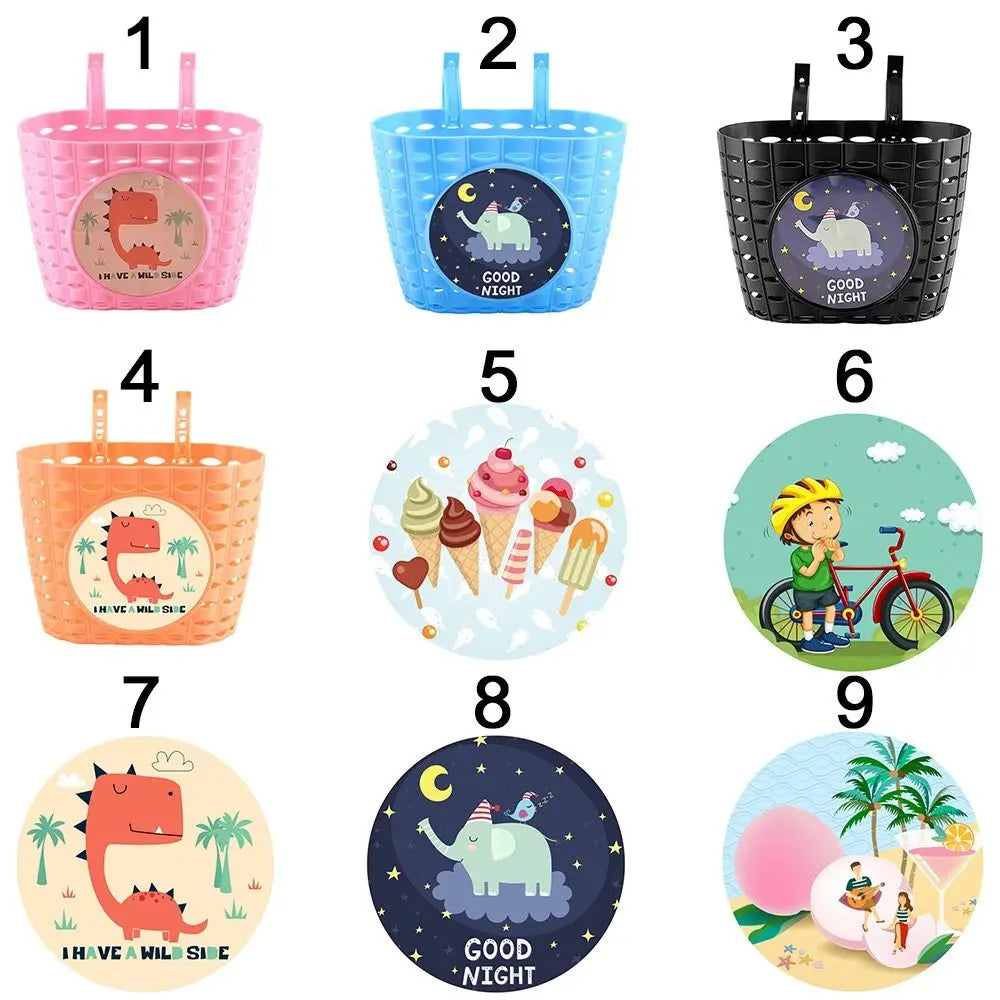 panier vélo enfant cartoon stickers motifs animaux bleu clair orange noir rose clips