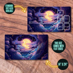 tapis jeu nuageux étoiles lune bleu violet jaune blanc grande taille gaming illustration