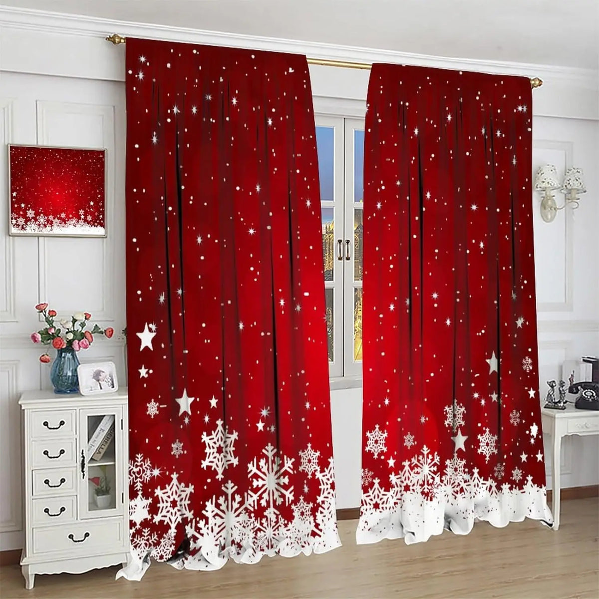 rideau festif rouge étoiles flocons opacité moderne décoration intérieure hiver