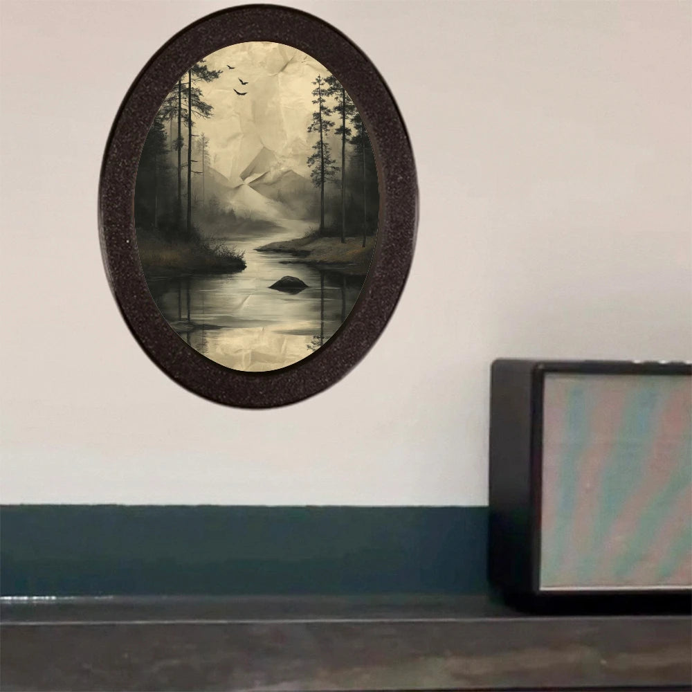 Cadre photo ovale noir paysage nuit arbres rivière montagnes oiseaux volants classique erotique erotique